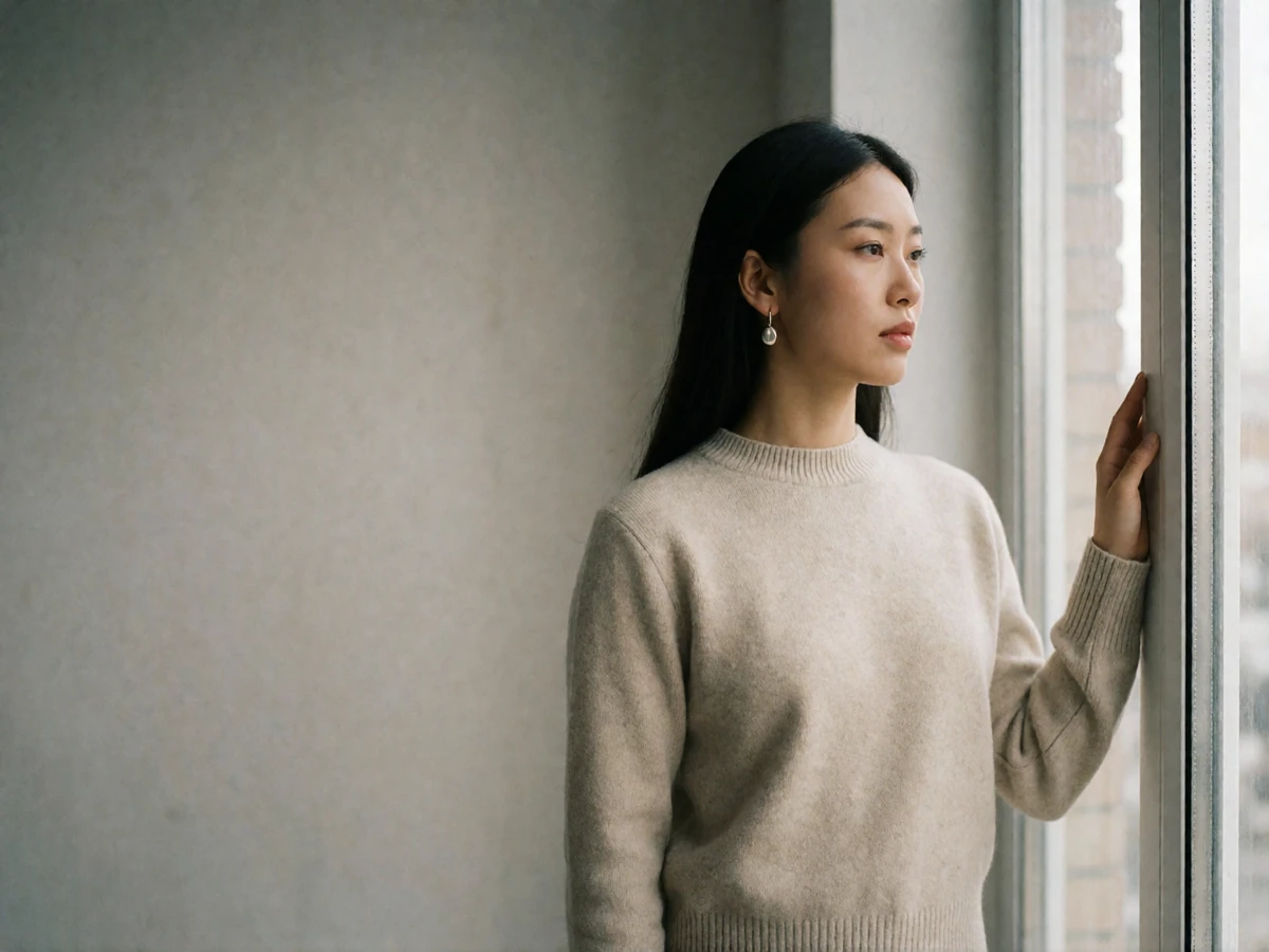 Mongolian woman in her early thirties standing beside a tall window in a contemporary Ulaanbaatar apartment, soft daylight and minimalist interior