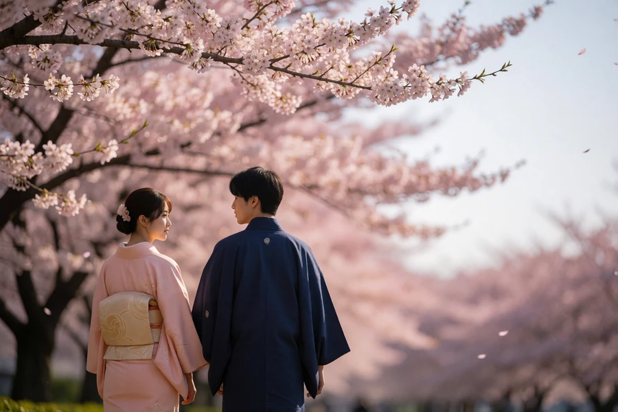 Japanese couple in pale pink and dark blue kimono walking together along a blossom-lined path in spring daylight