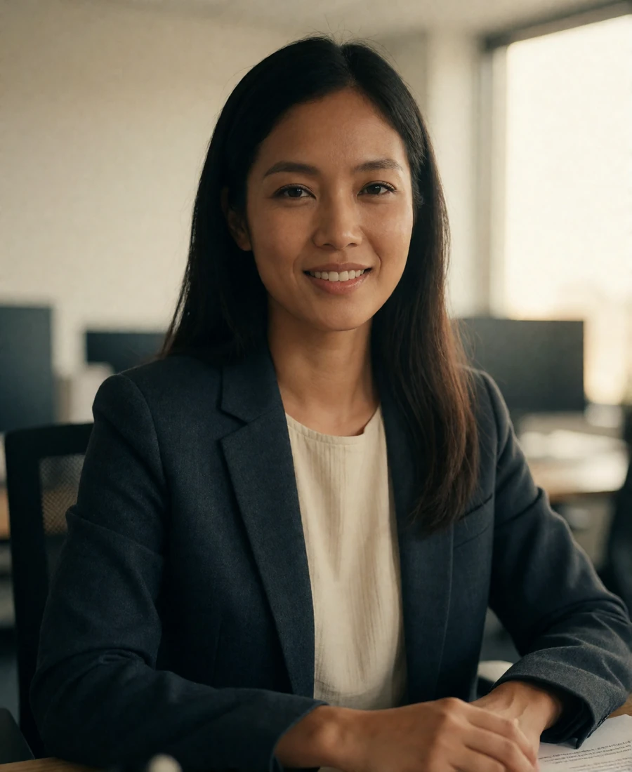 Bruneian woman in her late twenties wearing a charcoal blazer in a contemporary workspace, smiling warmly - Bruneian dating profile example