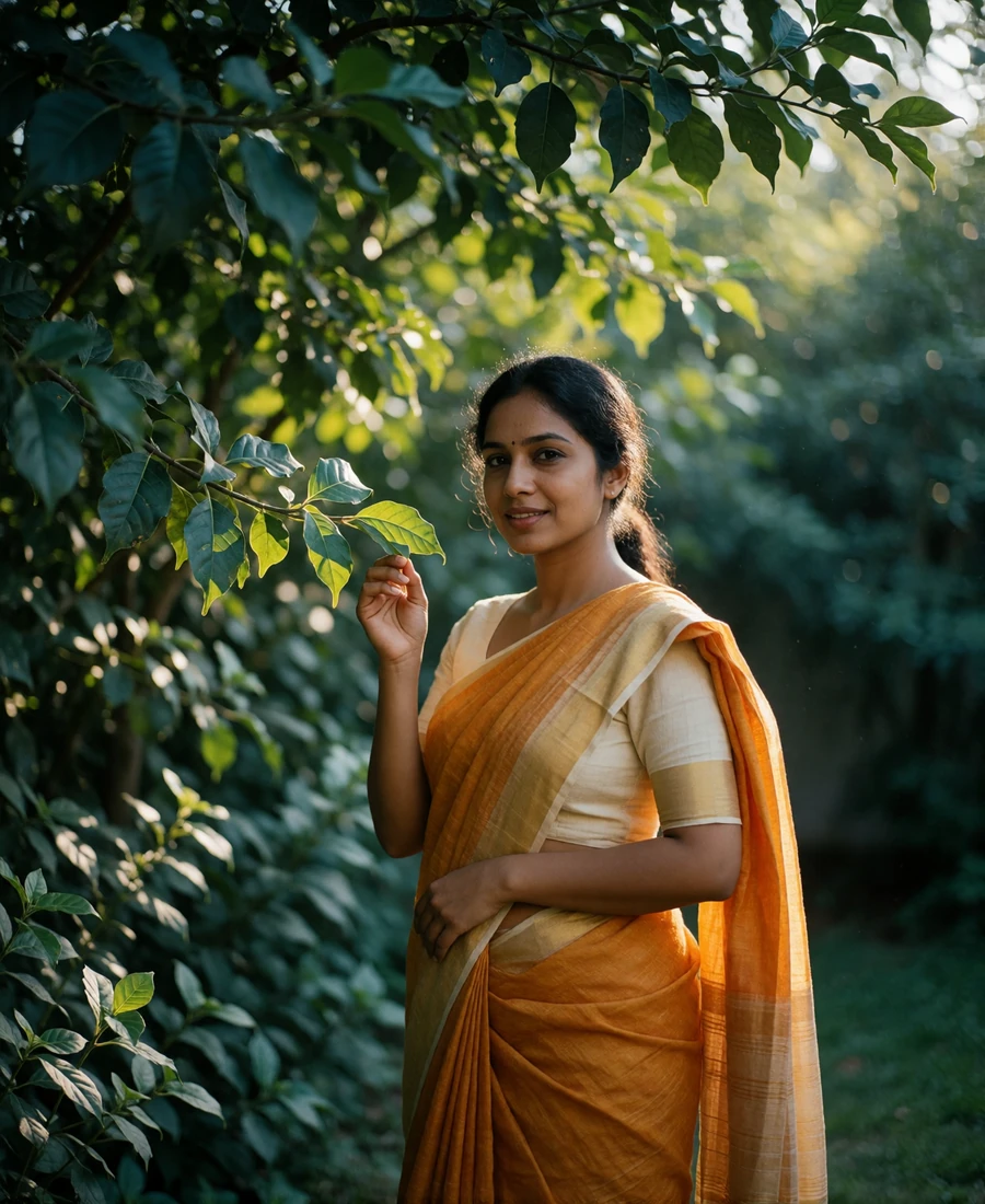South Asian woman in a saffron and cream saree standing in a lush garden, Bangladesh dating site profile example