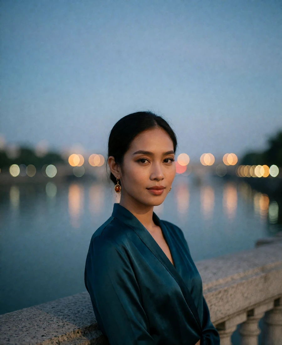 Cambodian woman in a teal silk blouse leaning on a riverside balustrade at blue hour - Khmer women dating profile example