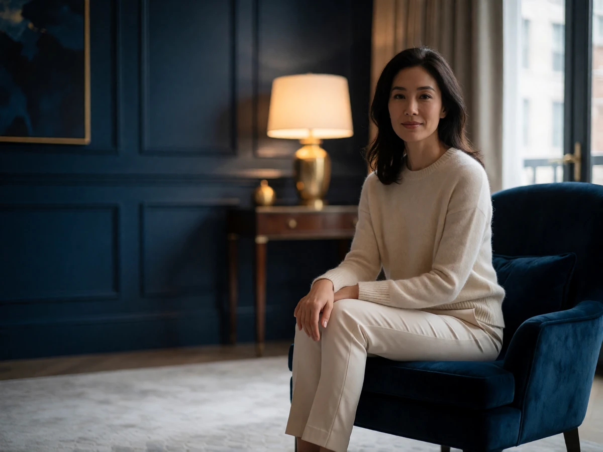 Chinese woman in her early thirties seated on a velvet lounge chair in a high-end apartment interior
