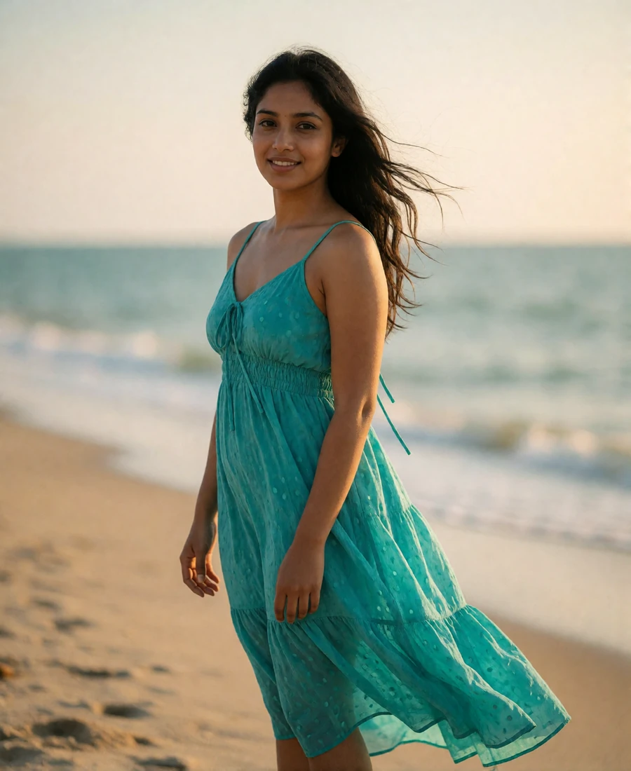 Sri Lankan woman in her late twenties in a teal sundress standing on a quiet sandy shore at sunset - Sri Lanka females dating profile example