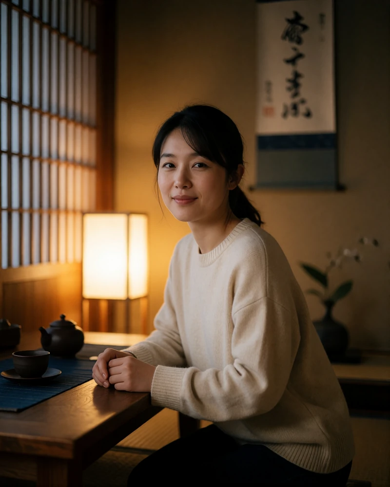 Japanese woman in her early thirties in a cream sweater seated at a low table in a traditional tea room - Japanese dating site profile example