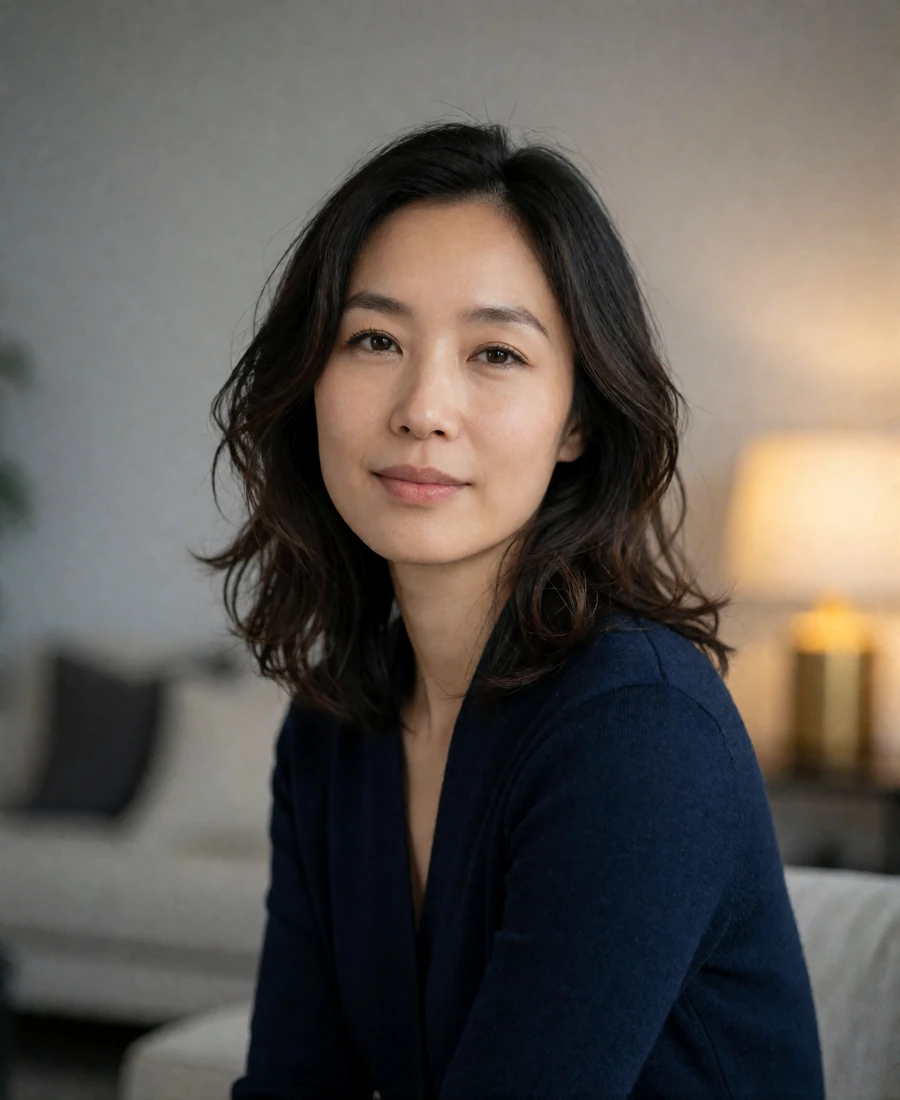 East Asian woman in her early thirties wearing a deep navy knit top, photographed in soft daylight - verified dating profile example