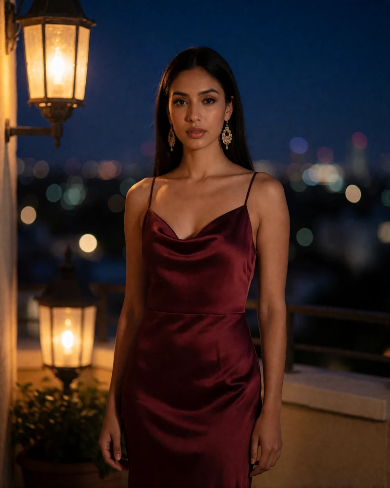 Afghan woman in her early thirties in a burgundy satin evening dress on a hotel terrace at dusk - Afghan dating site profile example