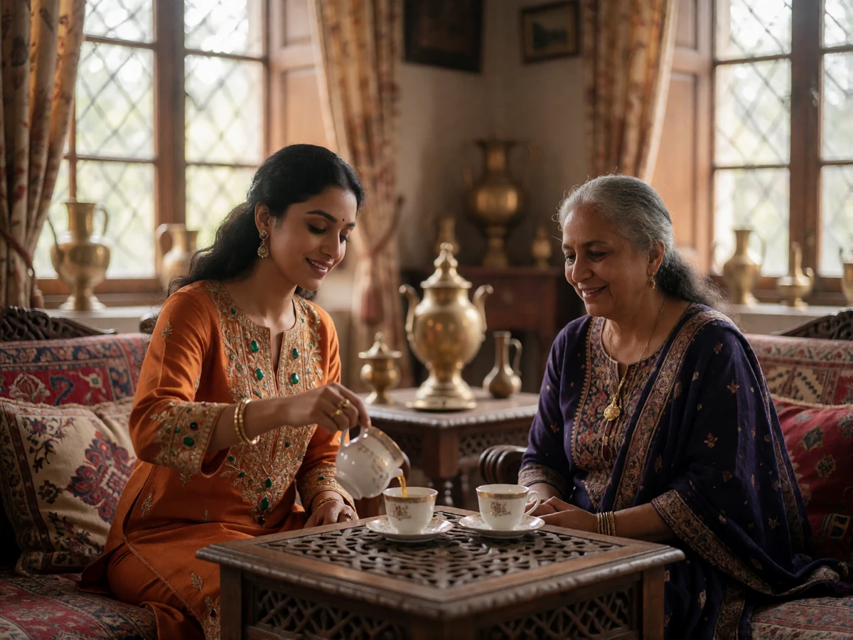 Pakistani woman pouring tea for an older family member in a warmly furnished traditional sitting room