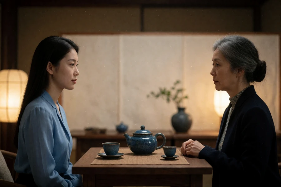Two women of East Asian heritage sitting across a low wooden table with a tea service during a formal family introduction