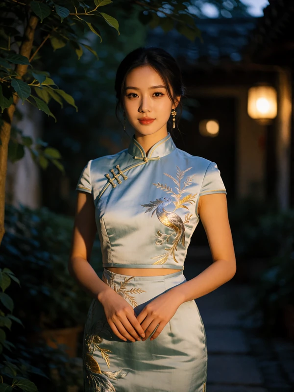 Elegant Chinese woman in a pale blue silk qipao photographed in an evening courtyard garden - Chinese dating profile example