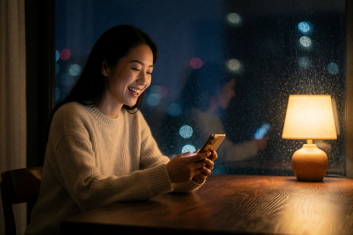 Asian woman laughing softly while on a phone call at a wooden table beside a window with city lights at night