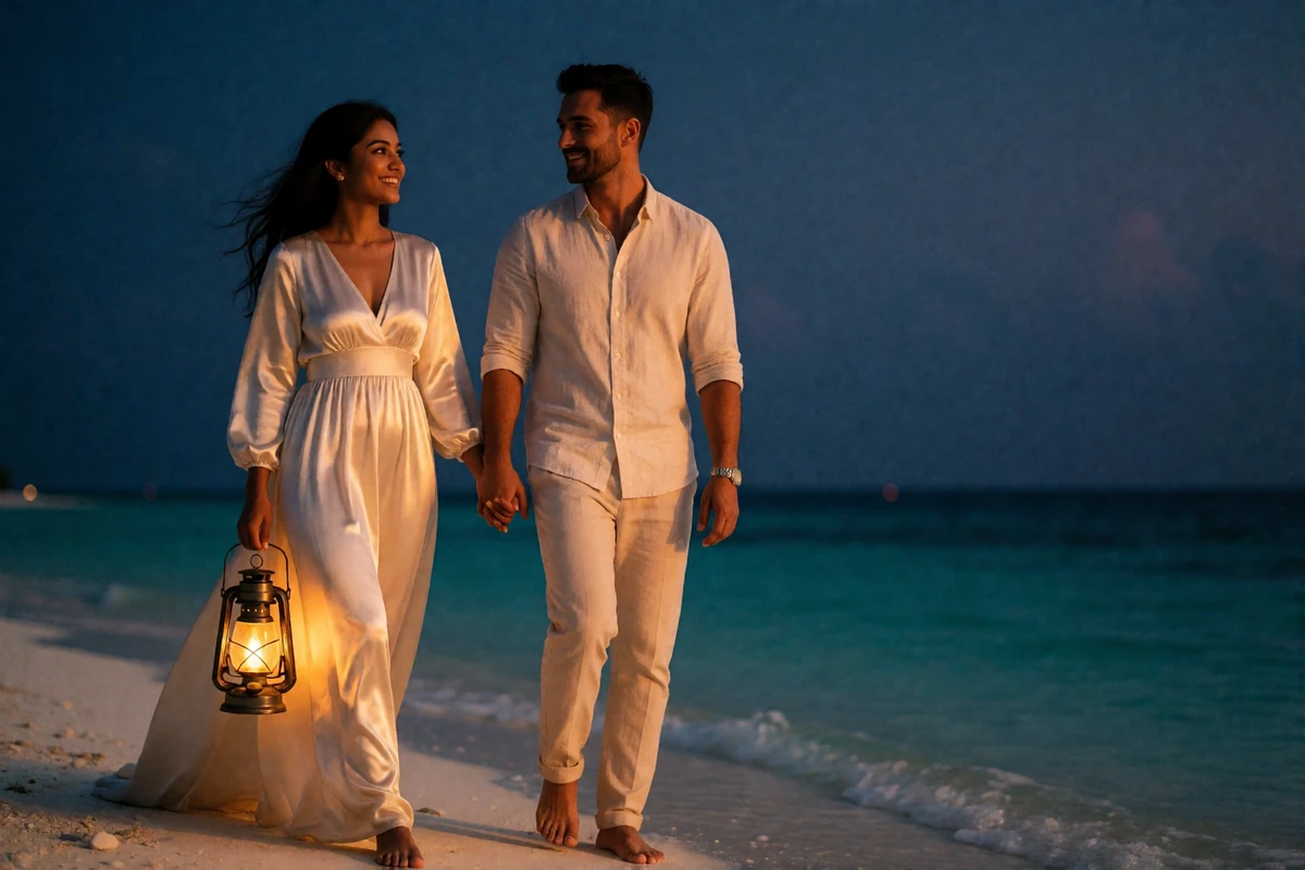 Maldivian woman in an ivory dress walking hand in hand with her partner along the shoreline at sunset