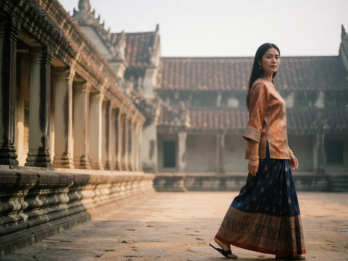 Cambodian woman in a patterned silk blouse walking through a stone temple courtyard in soft morning light
