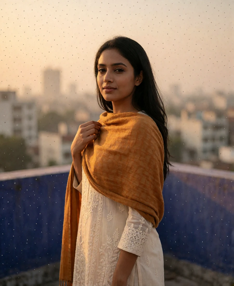 Pakistani woman in her late twenties in an ivory embroidered outfit on a rooftop terrace at golden hour - Pakistani women dating profile example