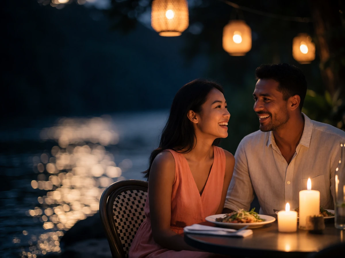Couple laughing together at a candlelit riverside dinner table with warm lanterns glowing above them