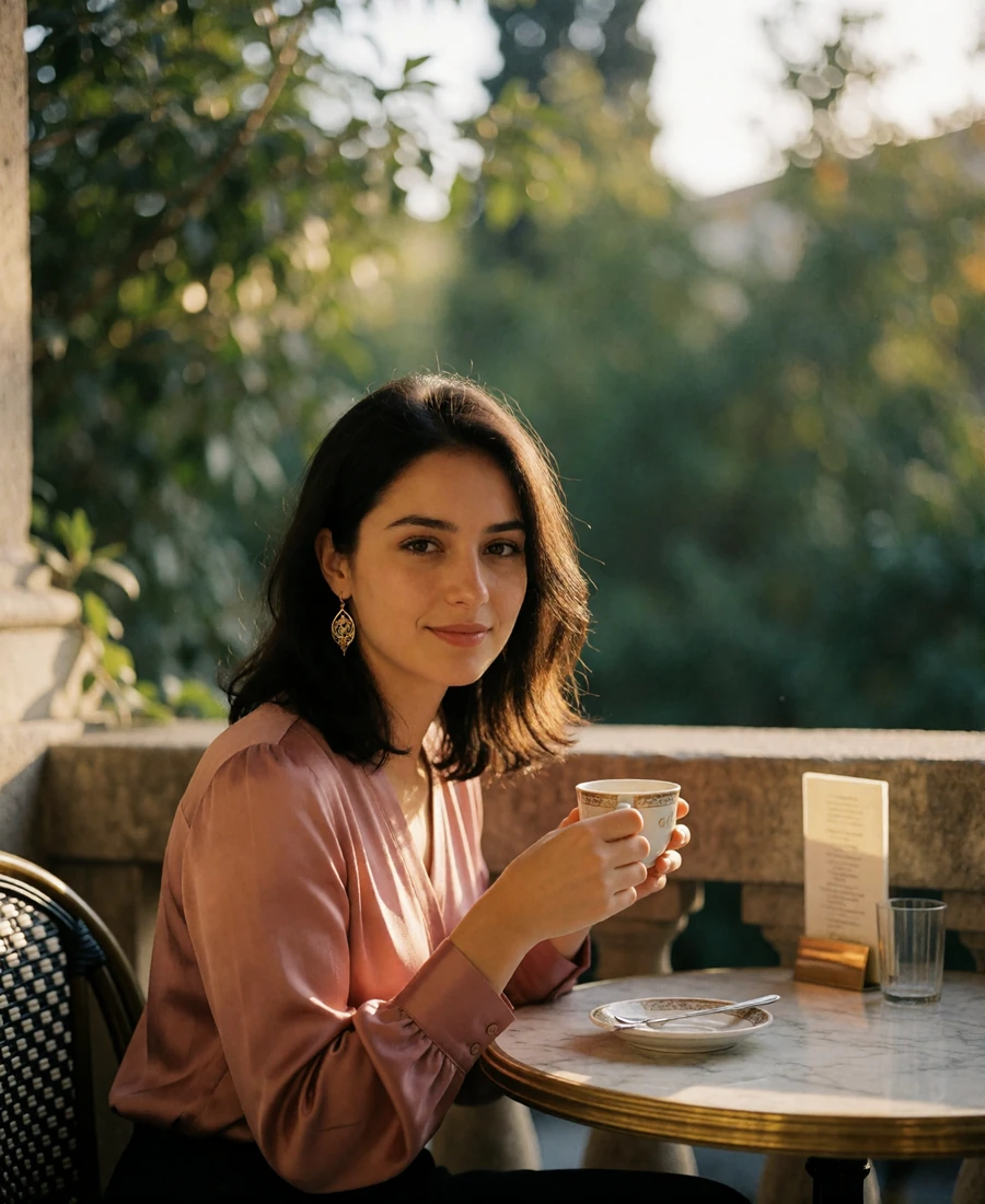 Young Armenian woman with a small coffee cup at a stone café terrace table in golden afternoon light - Armenian girlfriend profile example