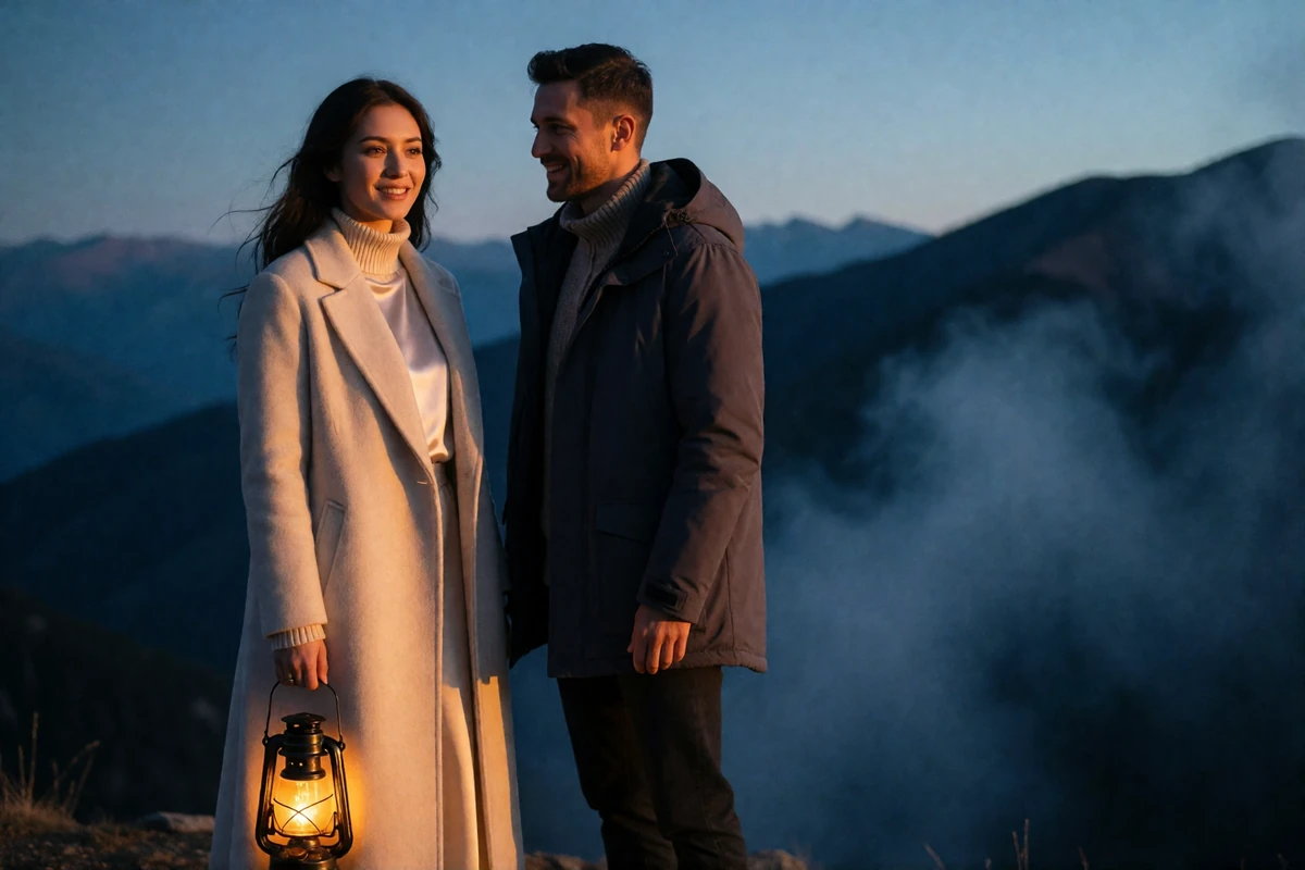 Kyrgyz woman in a pale wool coat and her Western partner smiling together at a mountain viewpoint in golden evening light