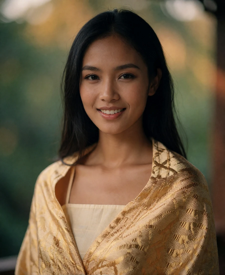 Laotian woman in her mid twenties wearing a handwoven silk wrap over a cream top, smiling warmly in soft daylight - Laotian dating profile example