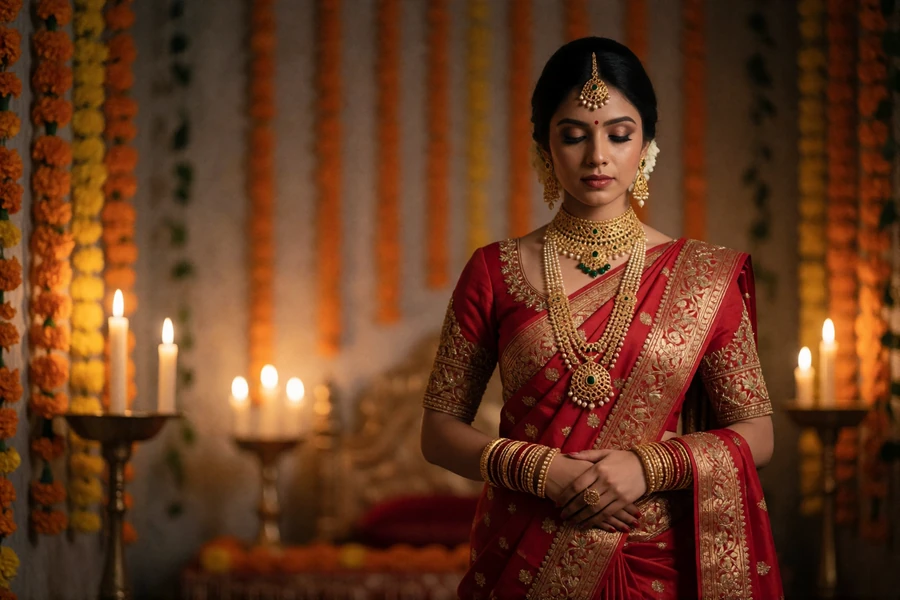 South Asian bride in an embroidered red and gold wedding sari standing in a candlelit ceremonial hall, illustrating Indian marriage traditions