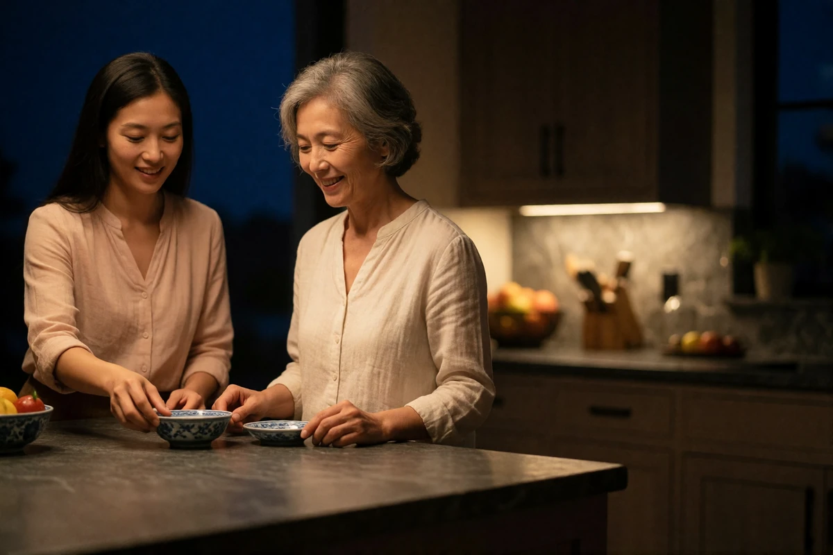 Asian woman and an older family member arranging small dishes together in a warmly lit kitchen
