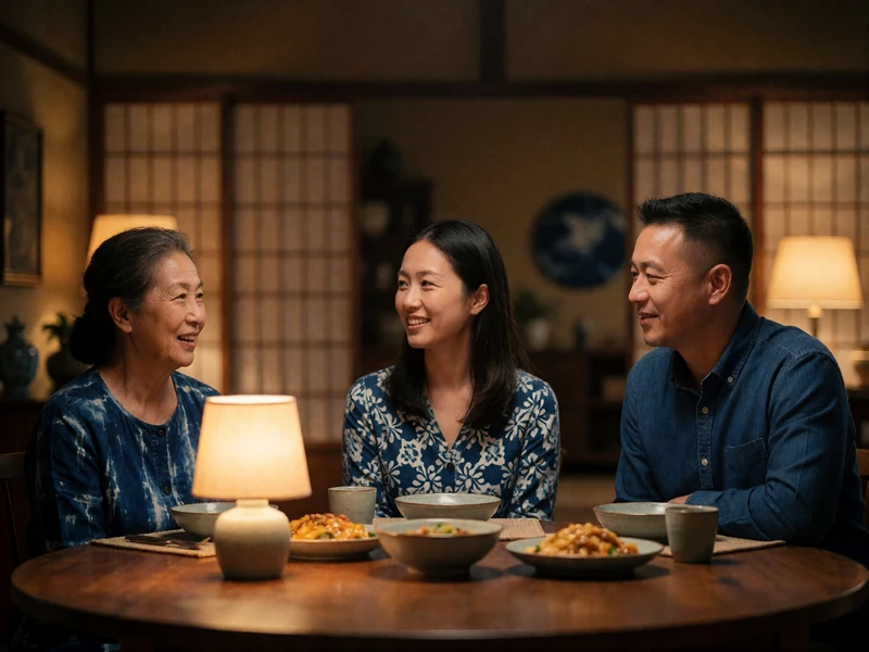 Three family members of Asian heritage sharing a meal around a round dining table in warm lamplight