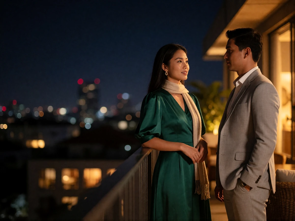 Bruneian woman in an emerald dress with a soft scarf talking with her partner at a rooftop lounge railing above a night skyline