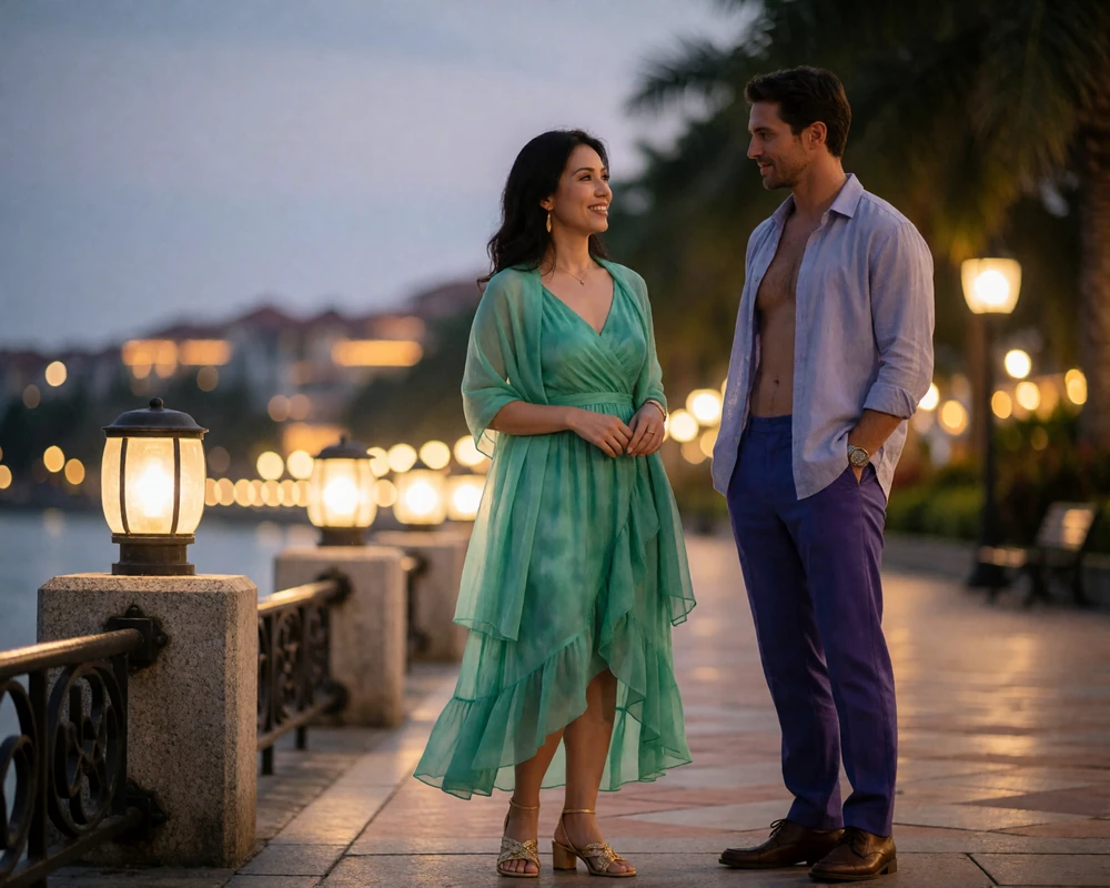 Malaysian woman and her Western partner walking along a lamp-lit riverside promenade in the evening