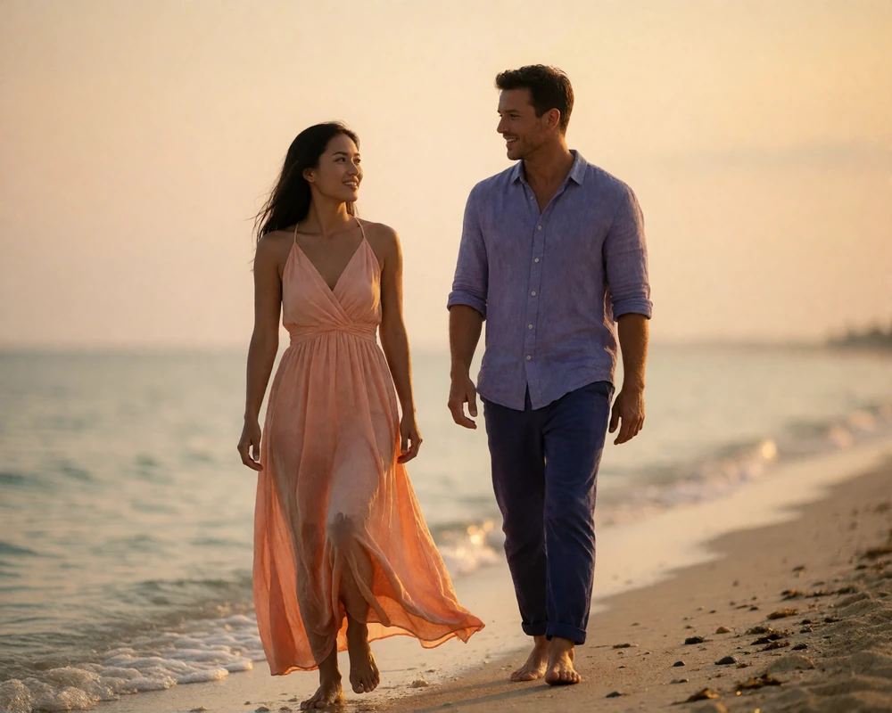 Indonesian woman and her Western partner walking barefoot along a tropical shoreline at golden hour, talking and smiling