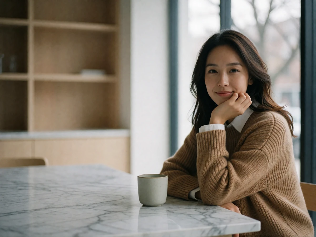 Taiwanese woman in her early thirties smiling naturally at a marble table in a minimalist coffee bar with soft daylight through the window