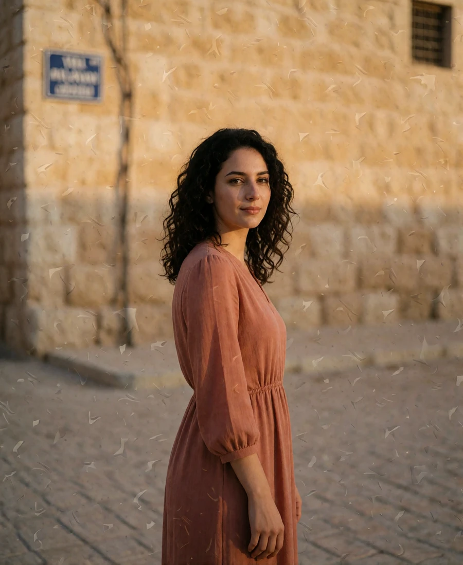 Jordanian woman in her early thirties in a terracotta dress on a quiet old-town stone street - Jordan girlfriend profile example
