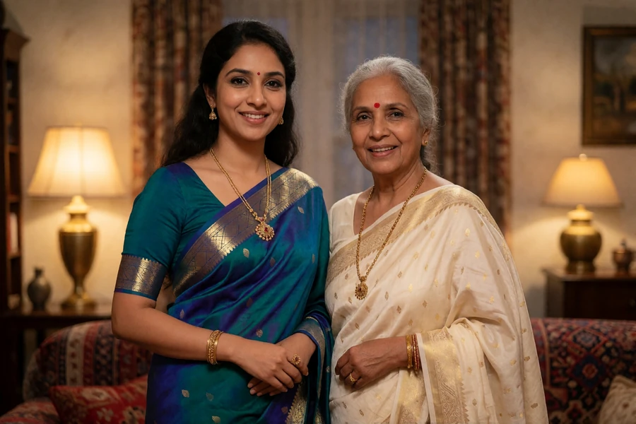 Indian woman in a teal and gold sari standing beside an older woman in a cream sari in a warmly lit family living room