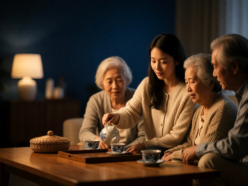 Three generations of an Asian family sharing tea together in a warmly lit living room
