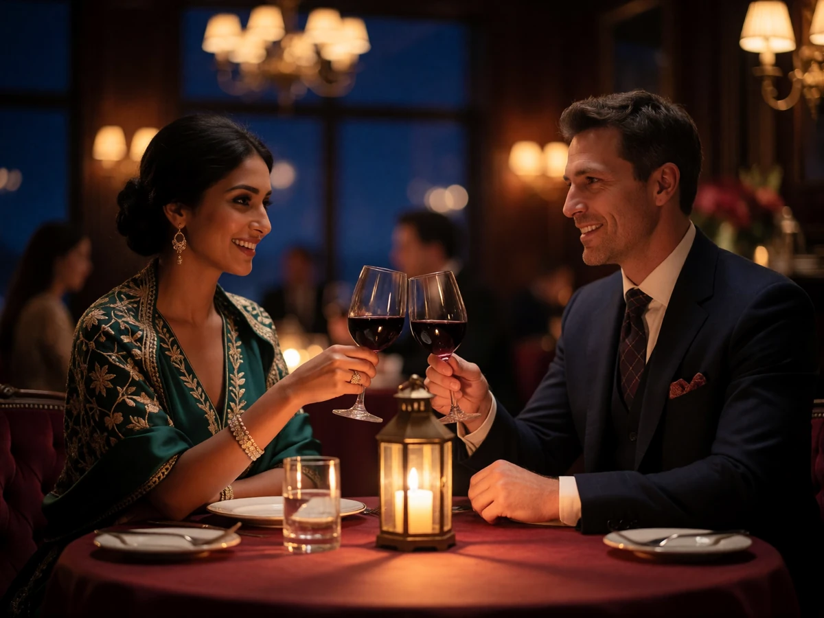 Afghan woman in an emerald embroidered evening dress sharing a quiet toast with her partner at a candlelit restaurant table