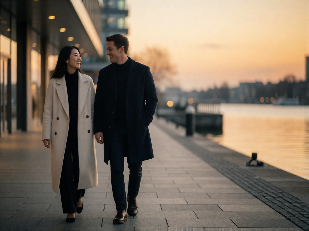 A couple walking together along a clean modern city promenade at dusk, laughing naturally