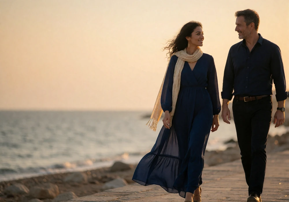 A Yemeni woman in a flowing deep-blue dress walking beside her Western partner along a quiet seaside promenade at golden hour