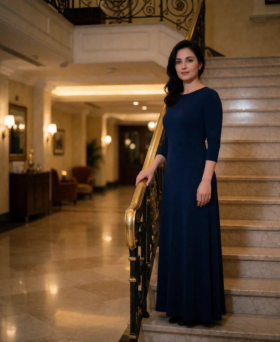 Armenian woman in a midnight-blue evening dress on a marble staircase in a hotel lobby - Armenian dating app profile example